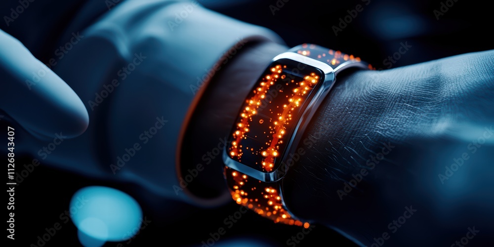 Poster close-up of a futuristic smartwatch displaying vibrant lights and patterns on a person's wrist.