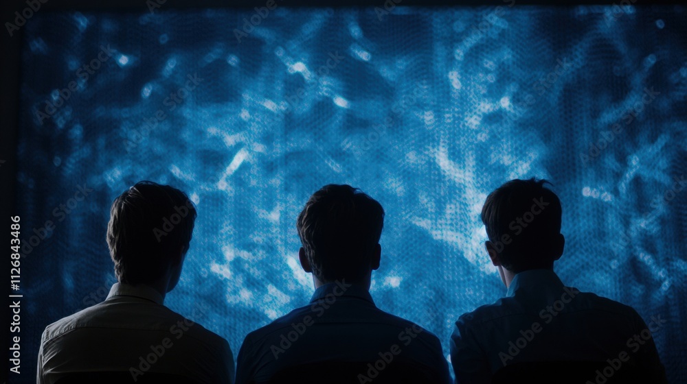 Poster neuroscientists analyzing brain activity with advanced technology in a dark environment