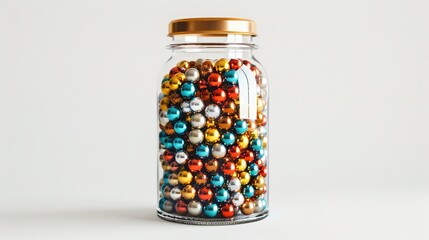 Sparkling Spheres: Bright jar filled with small, shimmering balls in metallic hues on a white transparent background