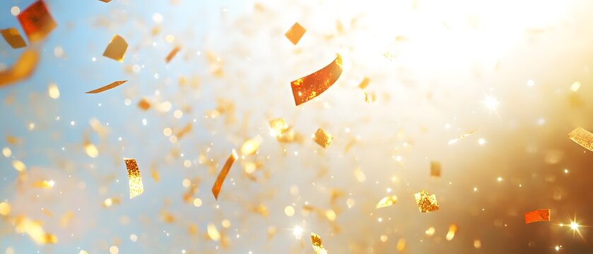 A burst of golden confetti against a bright background, symbolizing celebration and joy.