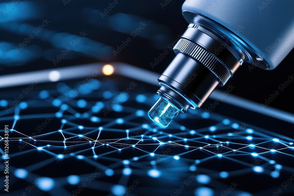Poster close-up of a microscope on a digital interface, showcasing advanced technology and scientific explo
