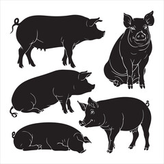 set of black various poses pig vector silhouette	
