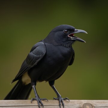 A wild crow with feathers ruffled and sharp beak open photographed up-close for dramatic effect