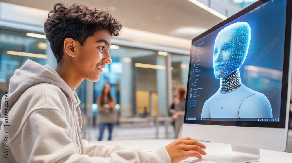 Aufkleber smart young boy programming humanoid robot on computer in modern school