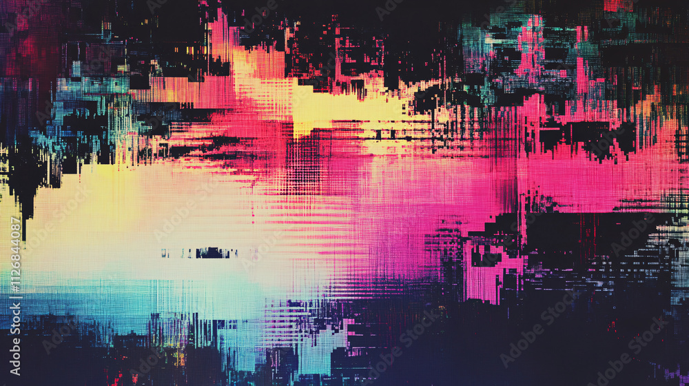 Poster abstract pixelated glitch effect, with distorted colors and shapes, representing digital disruption 