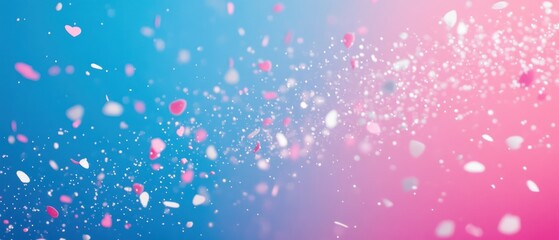 A vibrant background of falling flower petals in shades of blue and pink.