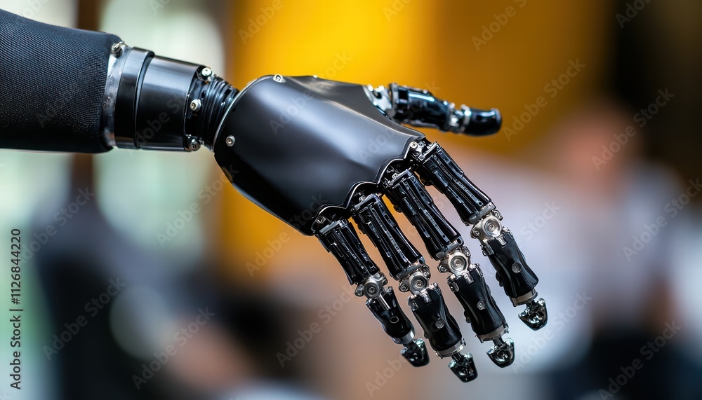 Poster close-up of a robotic hand showcasing advanced design and engineering with intricate details and met
