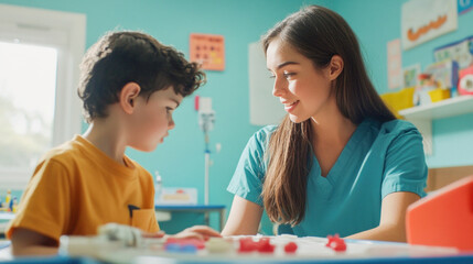 Teacher and child playing with colorful linking toys at kindergarten table