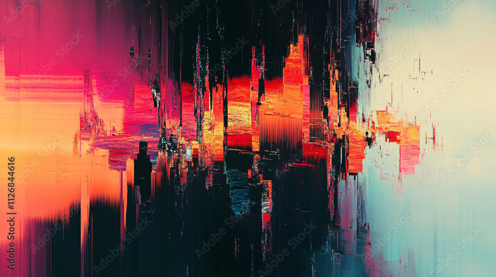 Poster abstract pixelated glitch effect, with distorted colors and shapes, representing digital disruption 
