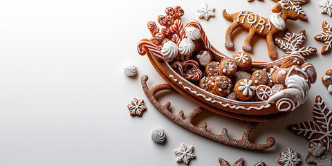 Festive gingerbread sleigh with candy canes and winter-themed cookies