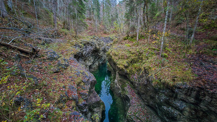 A stream and waterfall in the Walchenklamm gorge in the Bavarian Forest in late autumn. Rocks covered in moss and trees without leaves. mysterious and enigmatic.
