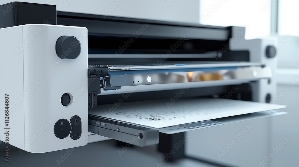 Poster printer action in modern offices close-up perspective of paper tray and technology for effective pri