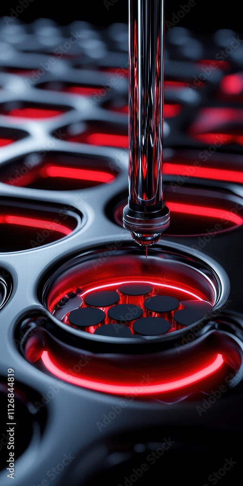Poster close-up of liquid being injected into a futuristic black and red patterned structure, showcasing in