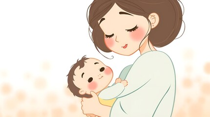 Mother holding her baby with love in a light pastel background