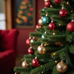 A festive Christmas tree adorned against a charming holiday backdrop ideal for a warm and inviting greeting card design