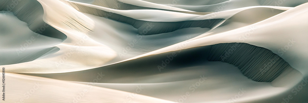 Poster abstract sand dune patterns, with sharp, angular shadows contrasting against smooth, wind-blown curv