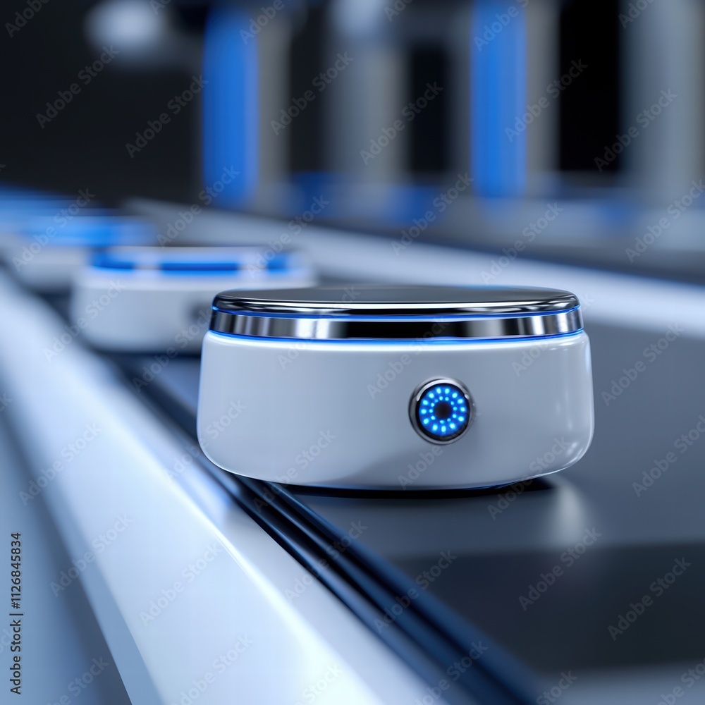 Poster futuristic automated device on a conveyor belt showcasing advanced engineering and innovative design