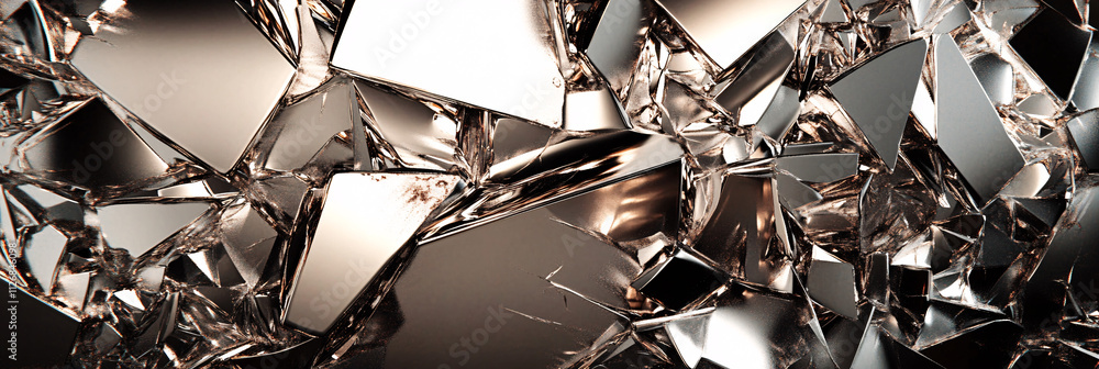 Poster abstract shattered mirror effect, with fragmented reflections in metallic tones, representing distor