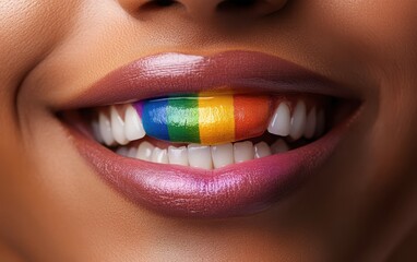 Naklejka premium A striking close-up of a woman's mouth with rainbow-painted lips, symbolizing LGBTQ+ pride. 