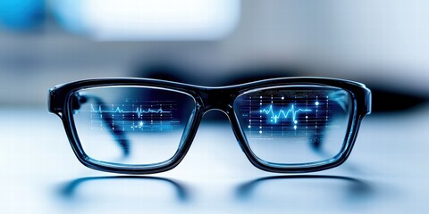 Futuristic eyeglasses displaying digital data and heart rate visualization for enhanced vision and analytics.