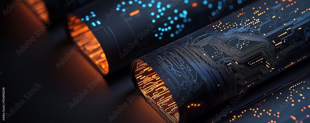 Poster futuristic tech inspired design featuring a dynamic circuit pattern with glowing digital highlights 