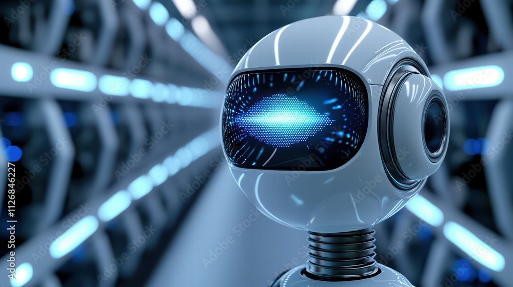 Poster futuristic robot with glowing eyes in a high-tech environment, showcasing advancements in artificial