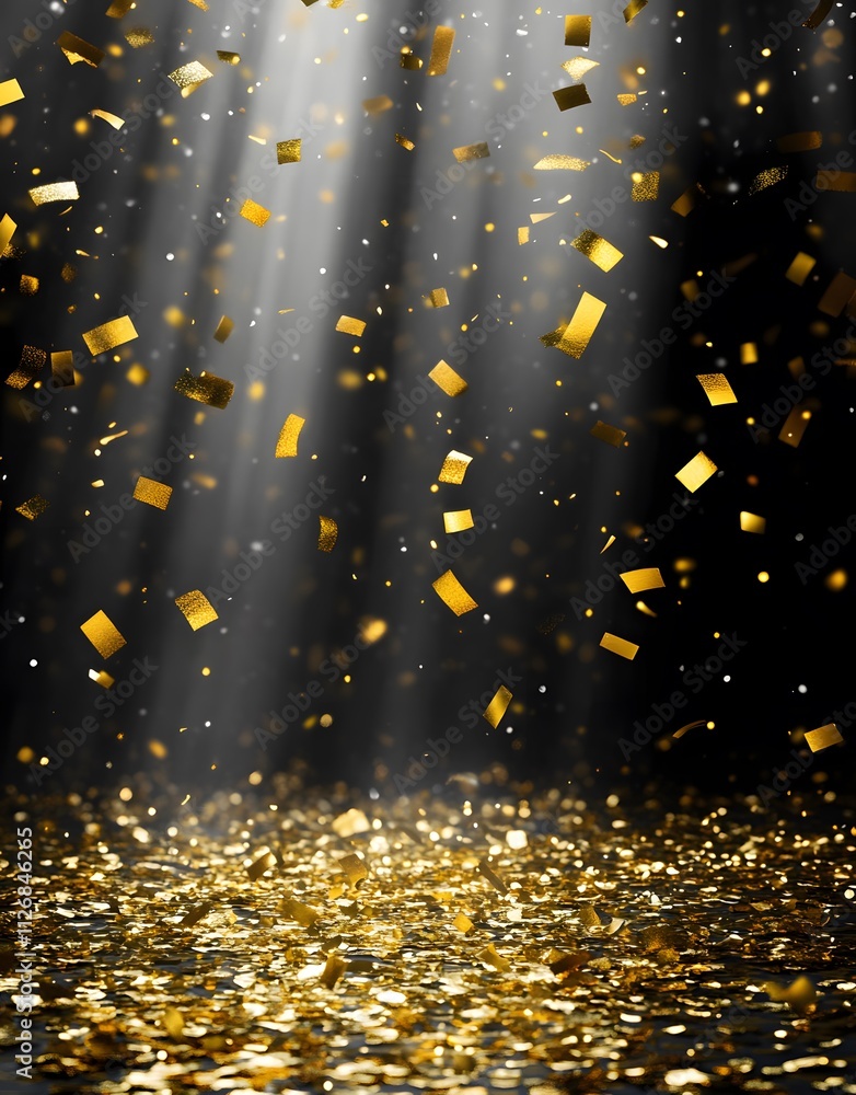 Poster a dazzling display of golden confetti falling through beams of light, creating a festive atmosphere.