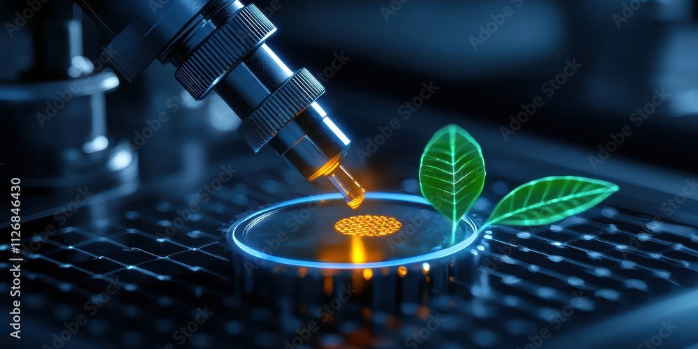 Poster innovative lab scene showcasing a microscope analyzing a leaf with futuristic technology and glowing