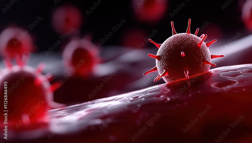 Aufkleber microscopic view of a virus in red hues, depicting the intricate details of its structure and surrou
