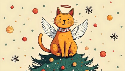 Cute Angel Cat on Christmas Tree with Ornaments for Holiday Cards
