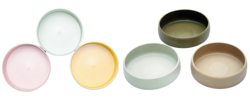 Set of pastel-colored candle containers isolated with transparent background