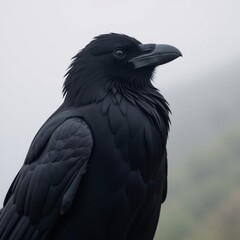 Misty scene showcases a dark raven boasting intricately detailed feathers