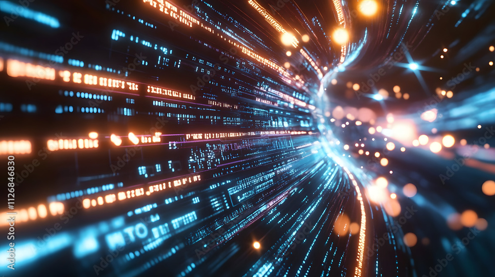 Poster the concept of cyber global communication and coding along with a graphic creating a vision of high 
