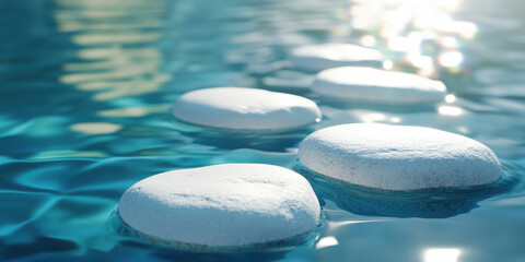 Tranquil pathway of smooth stones emerging from serene blue water, reflecting soft sunlight and creating a peaceful ambiance for relaxation and meditation