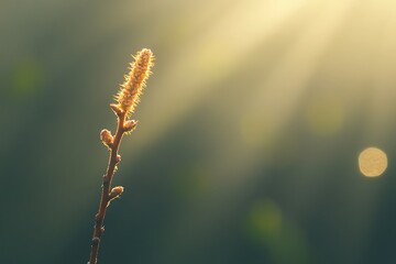 Fototapeta premium A delicate willow branch with buds in the spring sunlight.
