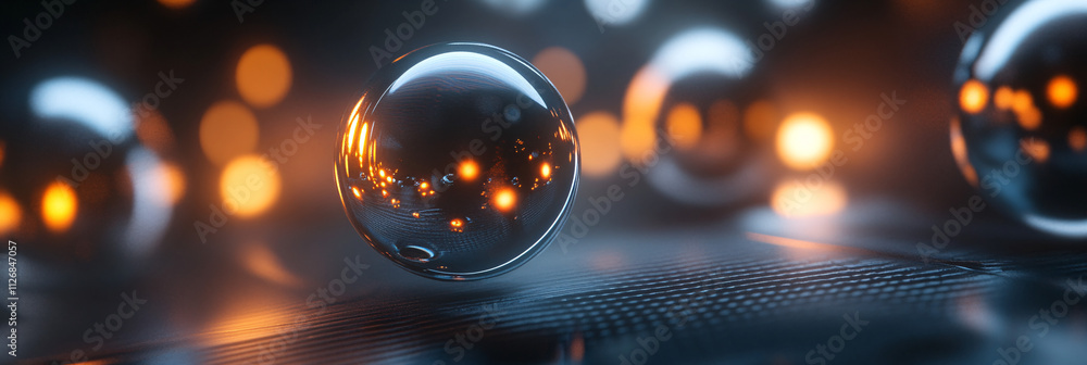 Poster abstract spheres suspended in a void, glowing with soft light and casting faint reflections on a dar