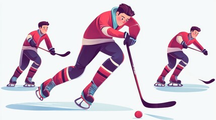 Obraz premium Portrait of player playing hockey on ice rink in position to hit hockey puck,One hockey player on ice in action,Professional Player Shooting the Puck,match, game, action,Concept of sport.