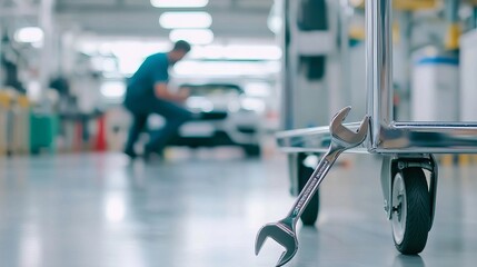 Fototapeta premium A focused mechanic working on a car, with a shiny wrench resting on a cart in a bright, organized workshop.