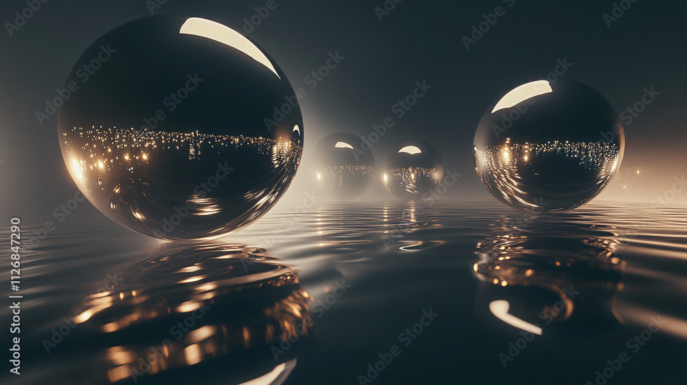Poster abstract spheres suspended in a void, glowing with soft light and casting faint reflections on a dar