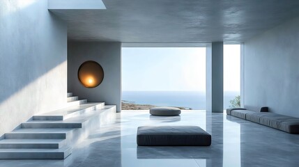 A large open room with a view of the ocean
