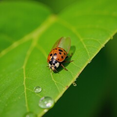 Ladybug resting on green leaf