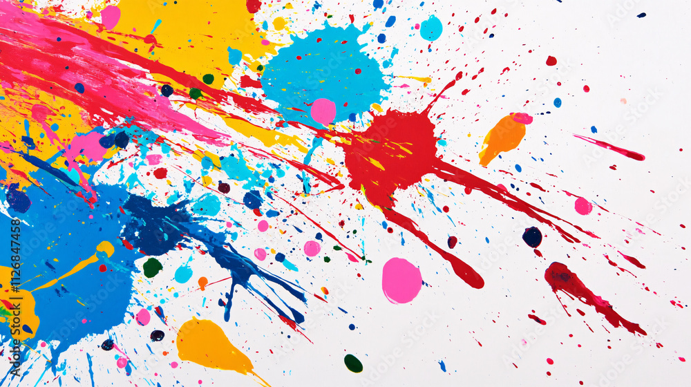 Poster abstract splatter of vibrant paint, creating a chaotic yet artistic pattern on a white background.