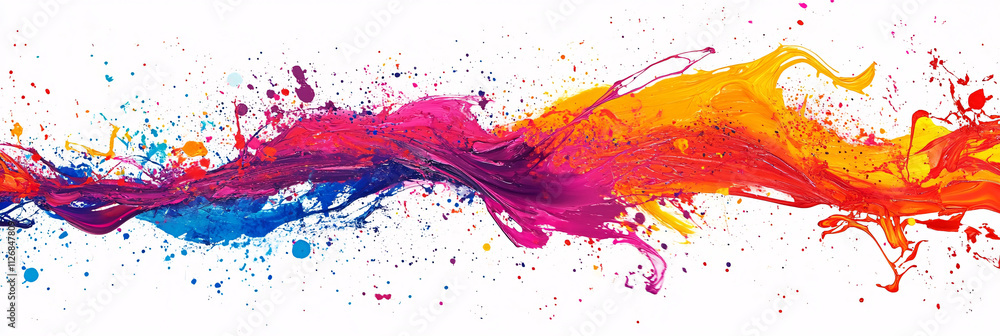 Poster abstract splatter of vibrant paint, creating a chaotic yet artistic pattern on a white background.
