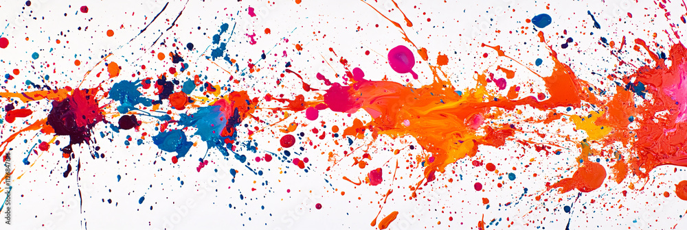 Poster abstract splatter of vibrant paint, creating a chaotic yet artistic pattern on a white background.