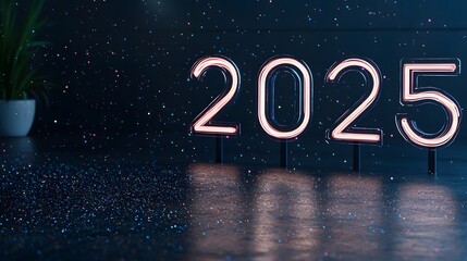 Neon Outline of the Year 2025 Against a Minimalistic Dark Background with Sparkling Elements and Soft Glowing Effects for Modern Design Concepts