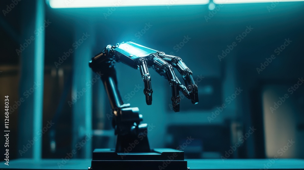Poster futuristic robotic hand displayed in laboratory setting with blue light emphasizing technological in