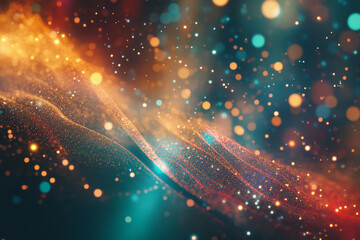 Fototapeta premium An abstract digital background featuring glowing fractal patterns in vivid gold, teal, and red over a cosmic texture.