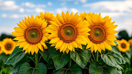 Obraz premium Bright sunflowers in vibrant field under clear blue sky, showcasing their golden petals and lush green leaves, evoke feelings of joy and warmth