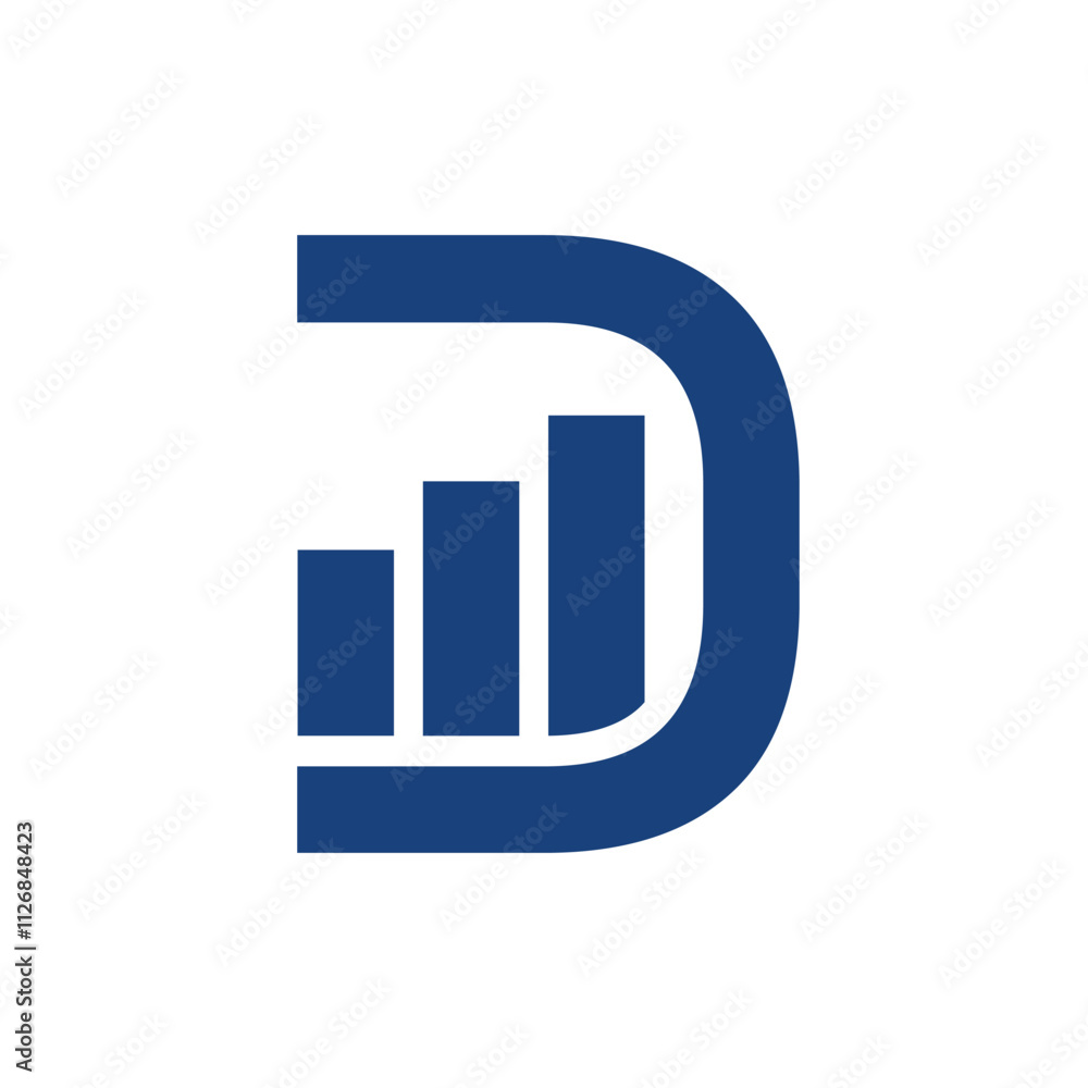 Poster this is a flat logo design of a capital d with three graph bars on it in blue color combination that
