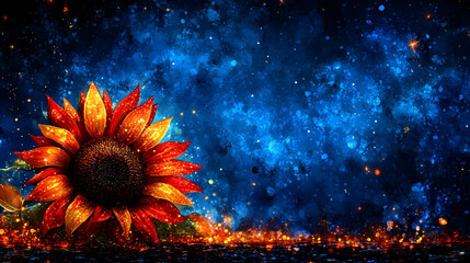 vibrant sunflower radiates light against cosmic blue background, creating surreal and enchanting atmosphere. petals glow with warmth and energy, captivating viewer